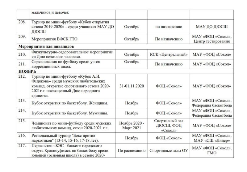 Календарный план физкультурно оздоровительных и спортивных мероприятий